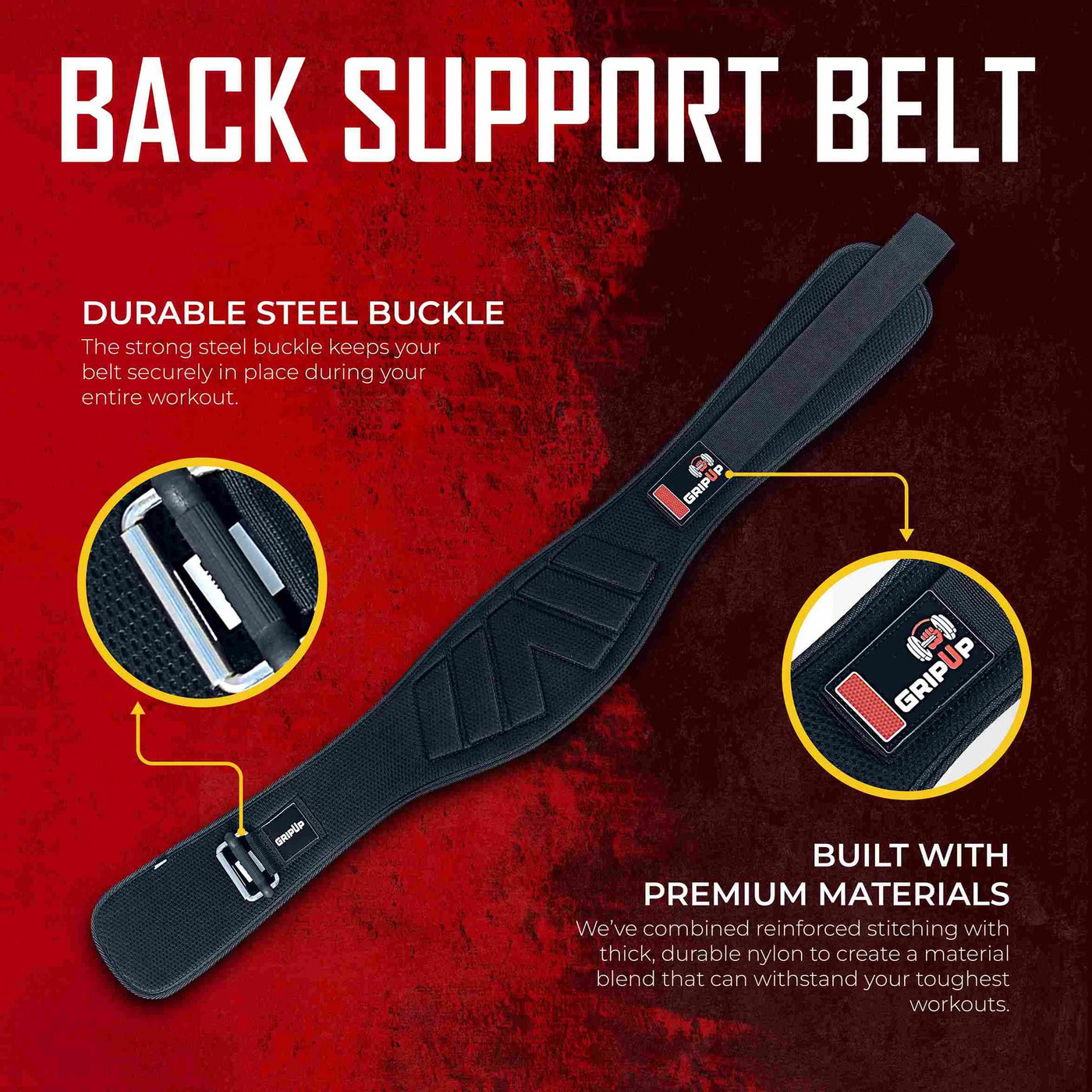 Grip Up Back Support Weightlifting Belt - Black