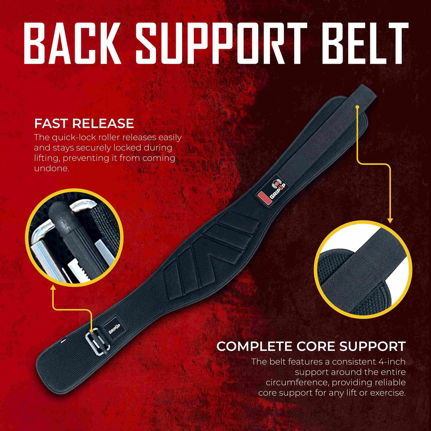 Grip Up Back Support Weightlifting Belt - Black