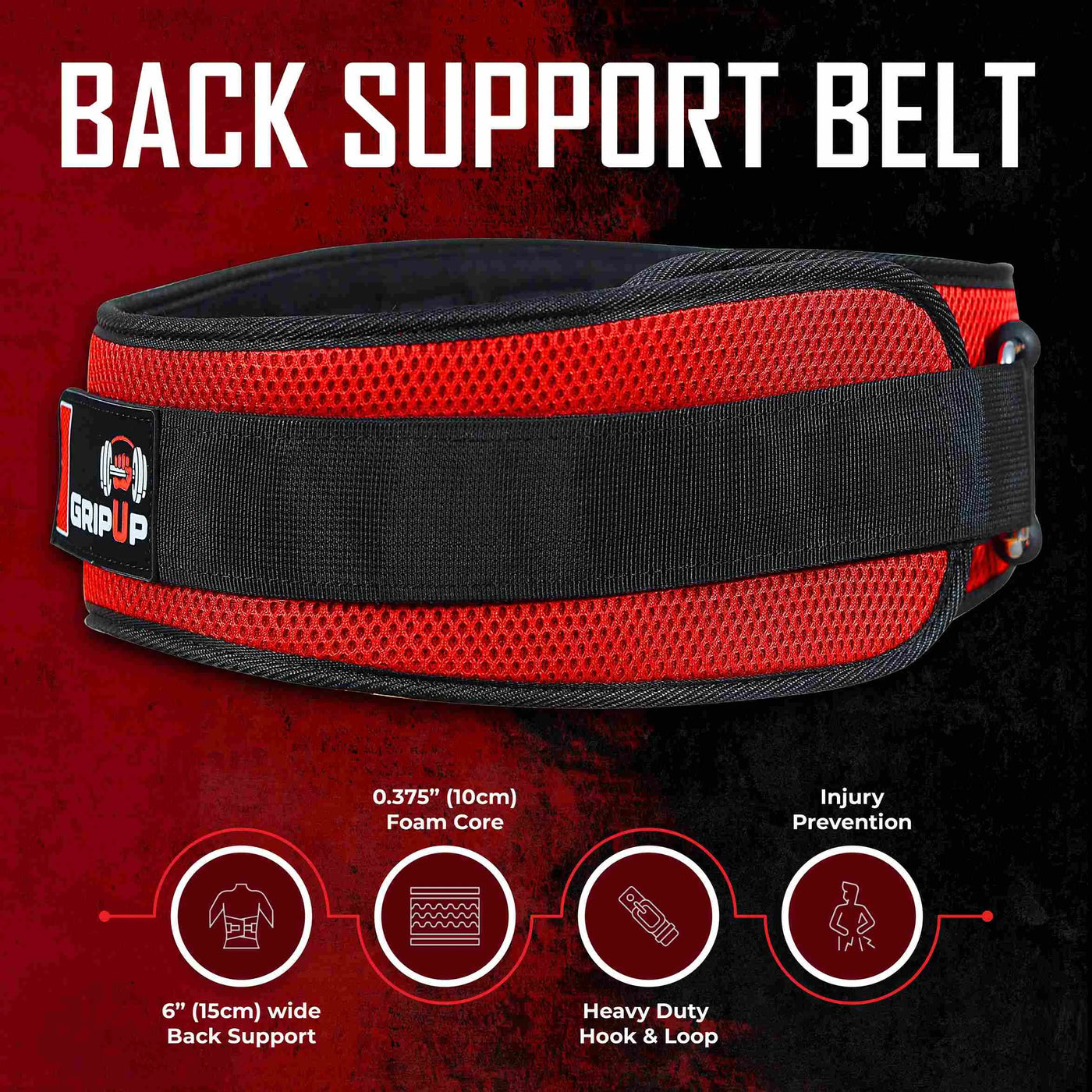 Cinturón de levantamiento de pesas con soporte para la espalda Grip Up - Rojo 
