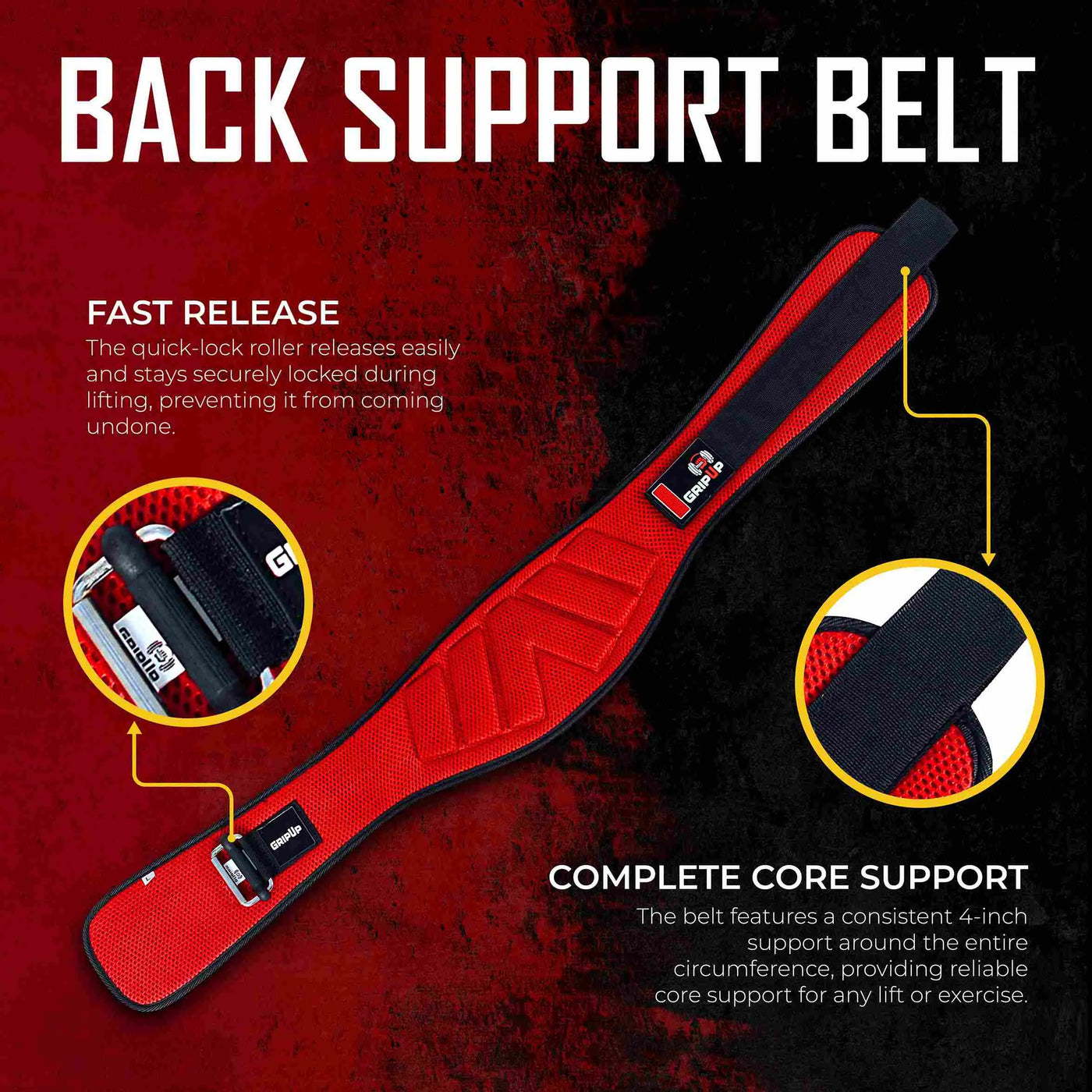Cinturón de levantamiento de pesas con soporte para la espalda Grip Up - Rojo 